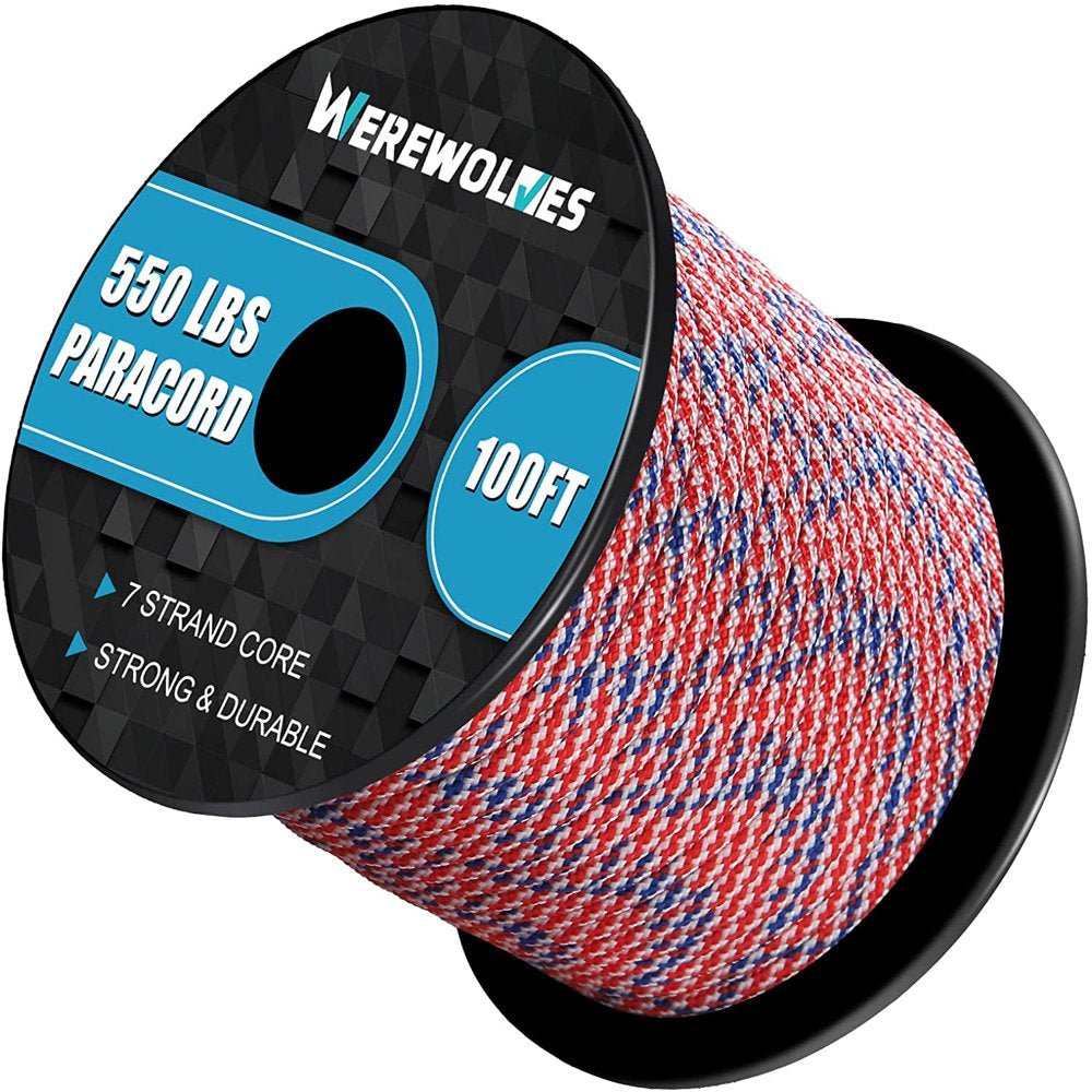 WEREWOLVES 550Lb Paracord /Parachute Cord - 7 Strand Core Paracord Rope - for Camping, Hiking and Survival (100FT)