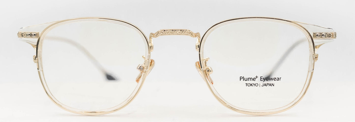 plume+ eyewear 58021 optical eyewear unisex vintage inspired classic plastic acetate stainless steel metal combination glasses square shape crystal clear shiny gold front