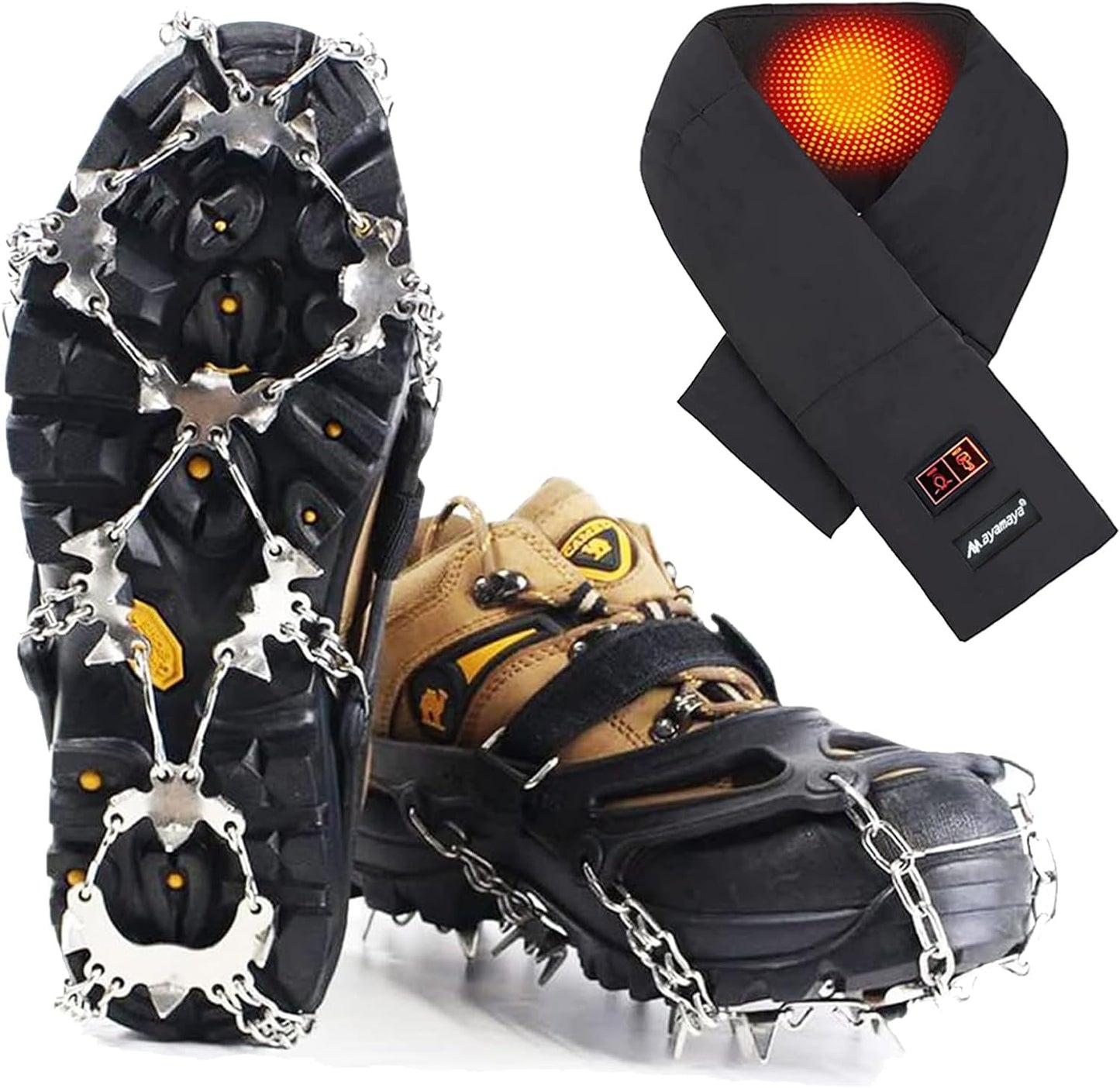 Crampons Ice Cleats & Heated Scarf with Hidden Hat, Wireless Heating Pad with 5000mAh Rechargable Battery