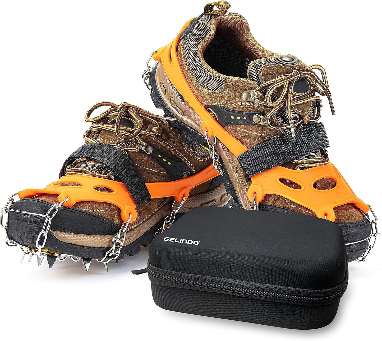 Gelindo Crampons Ice Cleats Traction, 19 Spikes Stainless Steel for Snow Shoes Boots, Safe Protection for Hiking, Walking, Climbing, Jogging, Mountaineering on Snow Muddy Road Anti-Slip