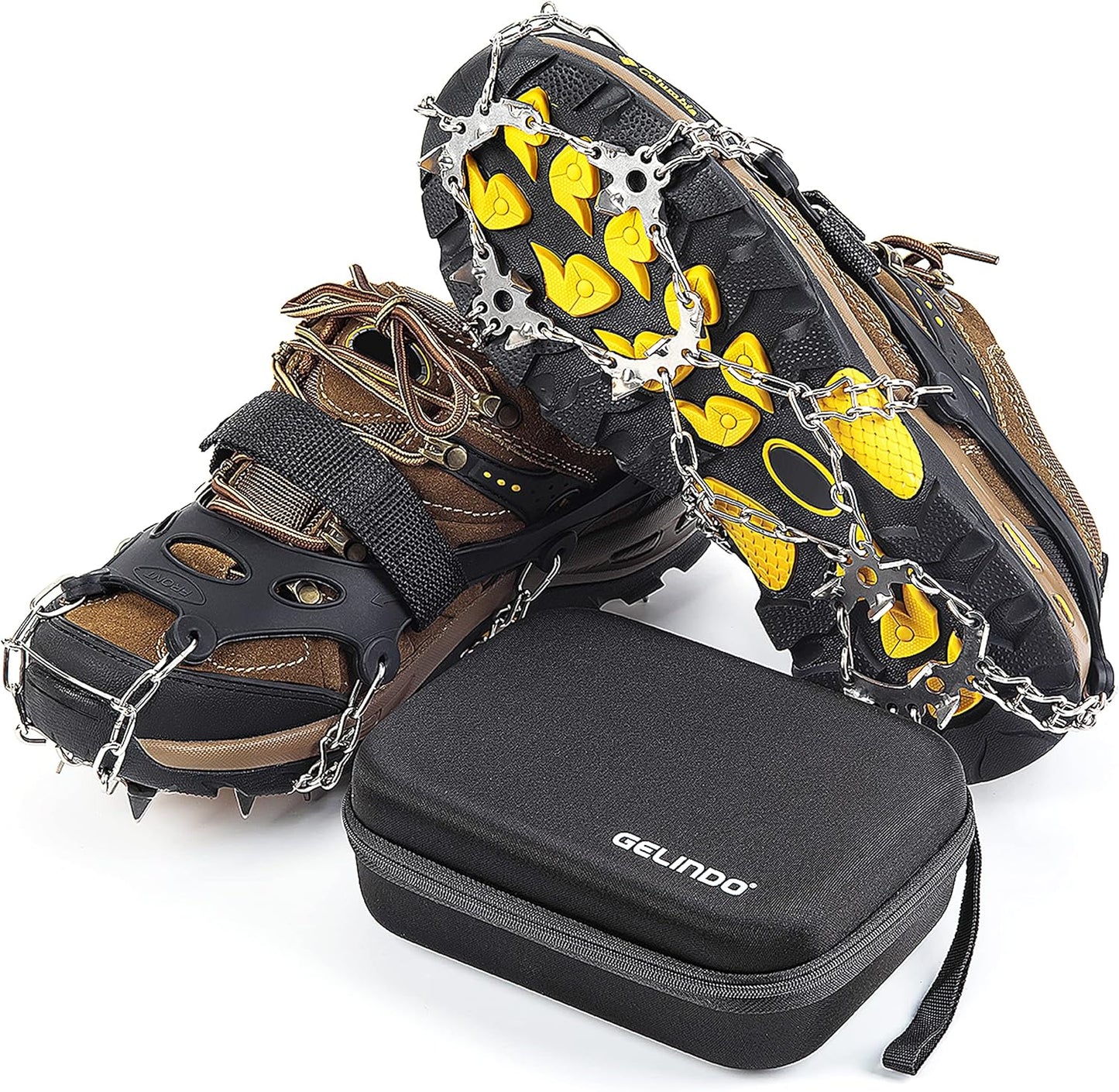 Gelindo Crampons Ice Cleats Traction, 19 Spikes Stainless Steel for Snow Shoes Boots, Safe Protection for Hiking, Walking, Climbing, Jogging, Mountaineering on Snow Muddy Road Anti-Slip