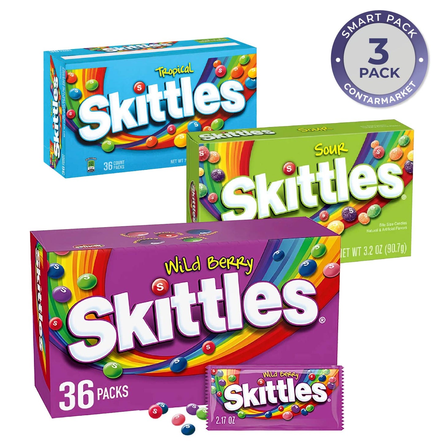 Skittles Mix Candy, 3 Flavors 1ct/each - 2.17 Oz, Tropical, Wild Berry,?Sour?-?3?Pack - 96 Ct