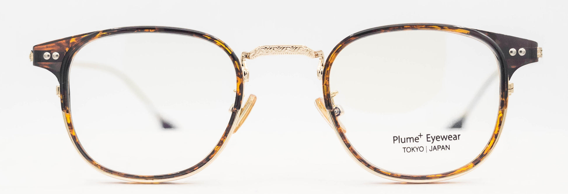 plume+ eyewear 58021 optical eyewear unisex vintage inspired classic plastic acetate stainless steel metal combination glasses square shape tortoise shiny gold front
