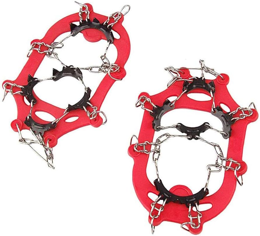 11 Teeth Crampons Outdoor Anti Slip Shoes Cover Ice Claws with Stainless Steel Chain for Kids Children Teenagers, with Carry Bag