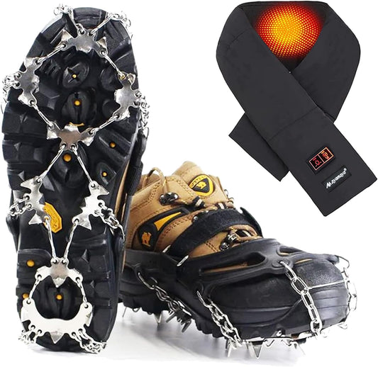 Crampons Ice Cleats & Heated Scarf with Hidden Hat, Wireless Heating Pad with 5000mAh Rechargable Battery