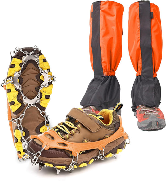 Crampons and Leg Gaiters Set for Kids Stainless Steel Ice Cleats Waterproof Gaiters for Boots Shoes