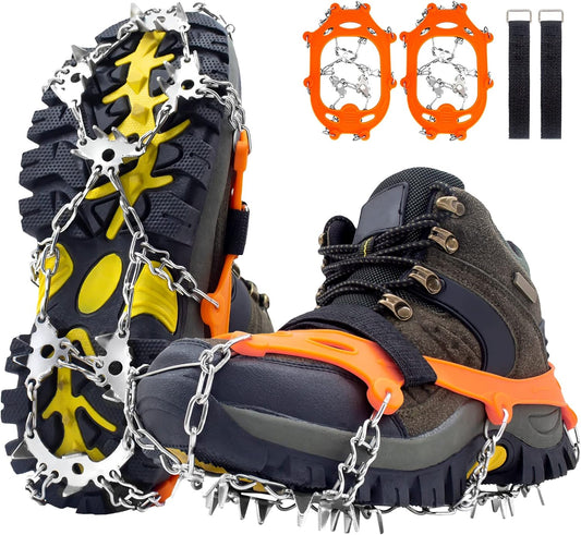 Crampons Ice Cleats Anti Slip Newest 28 Stainless Steel Spikes Suitable for All Boots Shoes Great Protect for Hiking Trekking Walking Jogging Climbing Mountaineering Fishing Men Women Kids(Orange, L)