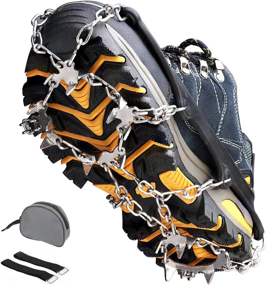 Crampons Ice Cleats Traction Snow Grips 19 Spikes 201 Stainless Steel Anti-Slip Boots Shoe for Hiking, Walking, Jogging, Climbing,Fishing with 2 Straps