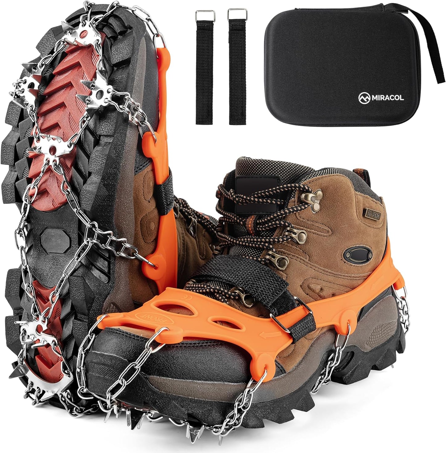 Ice Cleats Hiking Boots Crampons - Miracol Anti Slip Snow Crampons for Shoes - 23 Spikes Traction Cleats for Hiking Walking Fishing