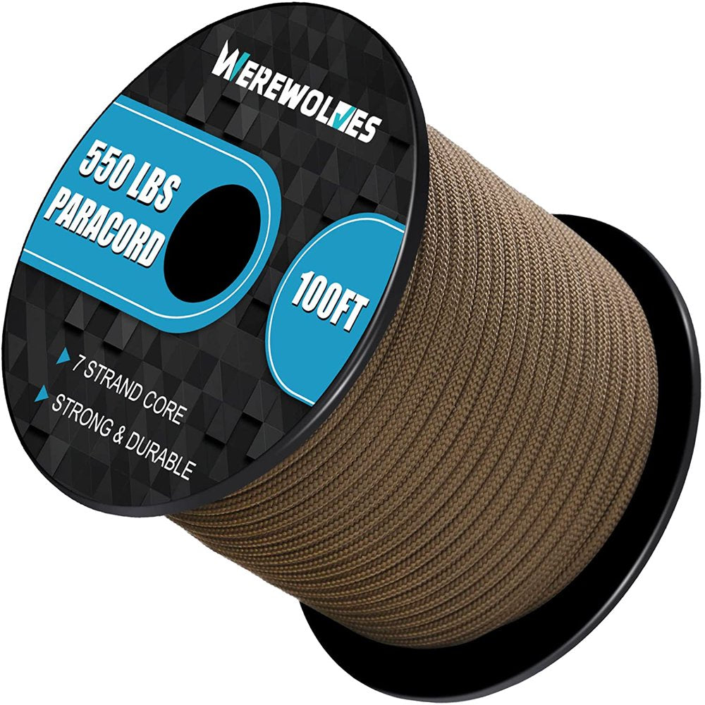 WEREWOLVES 550Lb Paracord /Parachute Cord - 7 Strand Core Paracord Rope - for Camping, Hiking and Survival (100FT)