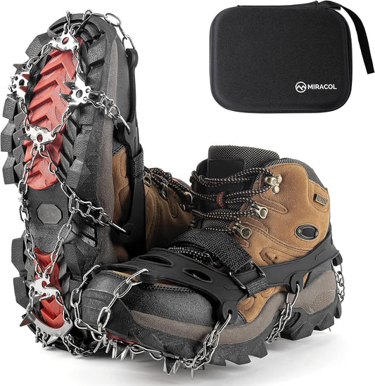 MIRACOL Ice Cleats Spikes Crampons: 23/24 Spikes Traction Grips Anti-Slip for Men Women - Stainless Steel Safety for Snow Shoe Boot Ski Fishing Climbing Winter Walking Hiking Mountaineering