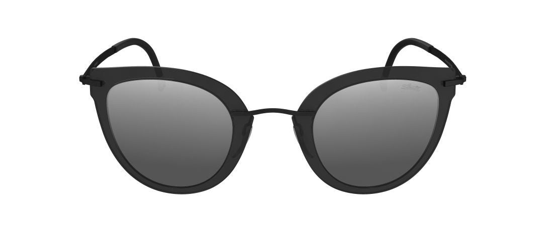silhouette explorer sunglasses optical prescription eyewear 8155, black, silver gradient mirror, cat eye, female trendsetter, lightweight, titanium, made in austria, screwless rimless front view