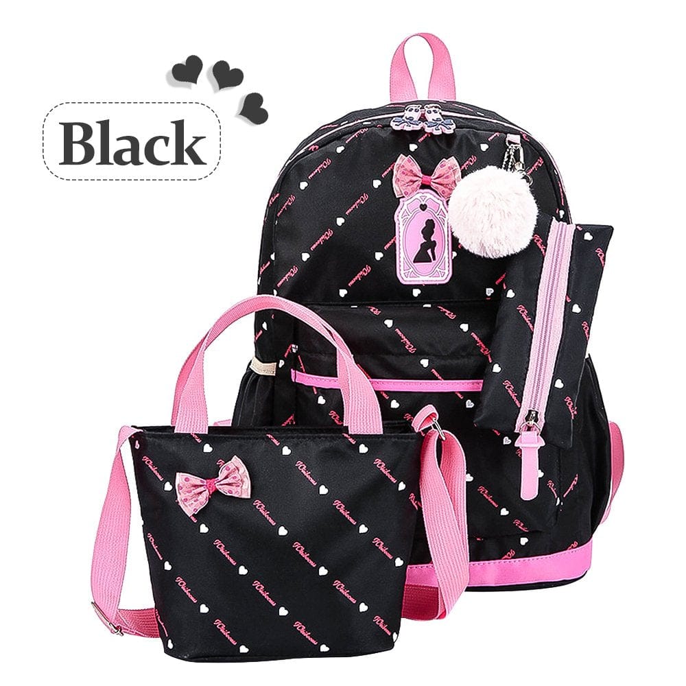 Anyprize 3Pcs/Sets Black Canvas School Backpacks for Girls, Large Capity Scatchel Rucksack Backpacks for Middle School, Women'S Fashion Sports and Outdoors Backpacks for Camping/Hiking/Climbing