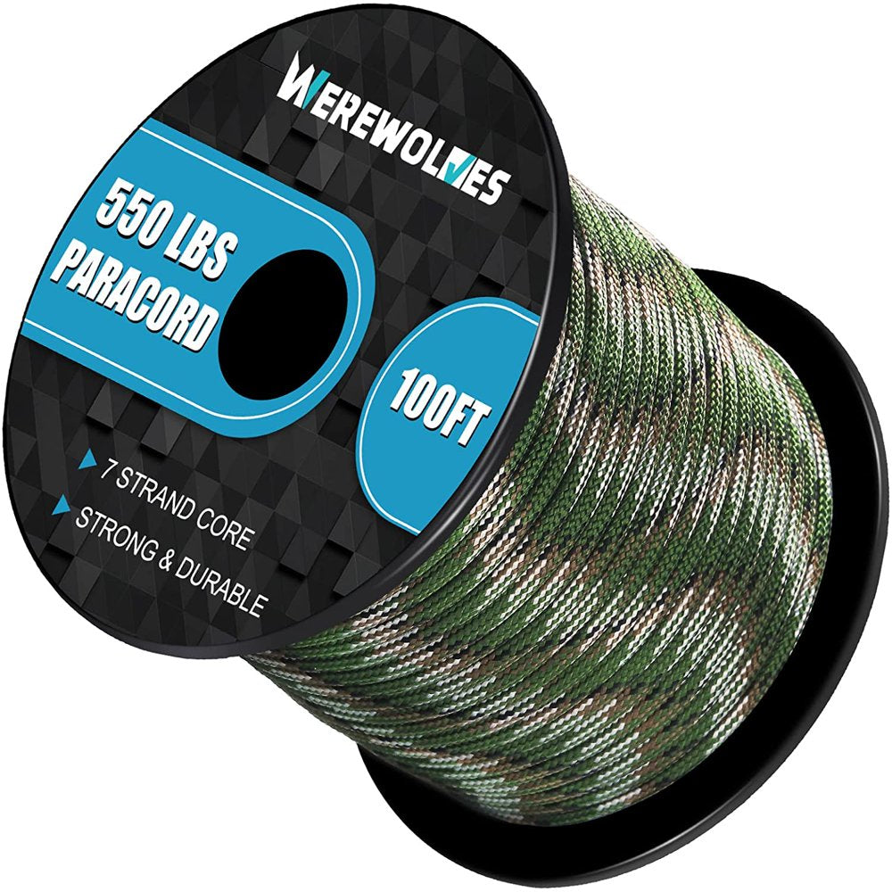 WEREWOLVES 550Lb Paracord /Parachute Cord - 7 Strand Core Paracord Rope - for Camping, Hiking and Survival (100FT)