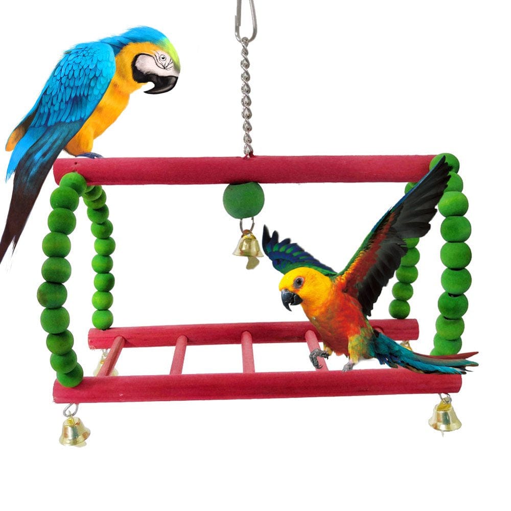 Visland Bird Swing Ladder Toy, Funny Natural Wooden Hanging Climbing Ladder Chewing Playing Toy with Bell Cage Accessory for Parakeets Conures Macaws Parrots Love Birds Finches