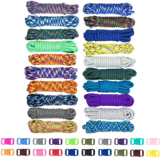 West Coast Paracord 550 Paracord Starter Kit, Random Colors, 20 X 10 Ft. Climbing Utility Paracord and 20 Random Buckles